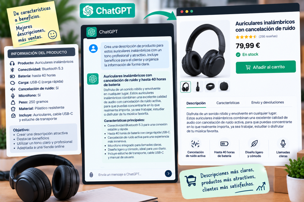 Ejemplo de ChatGPT convirtiendo características de un producto en beneficios