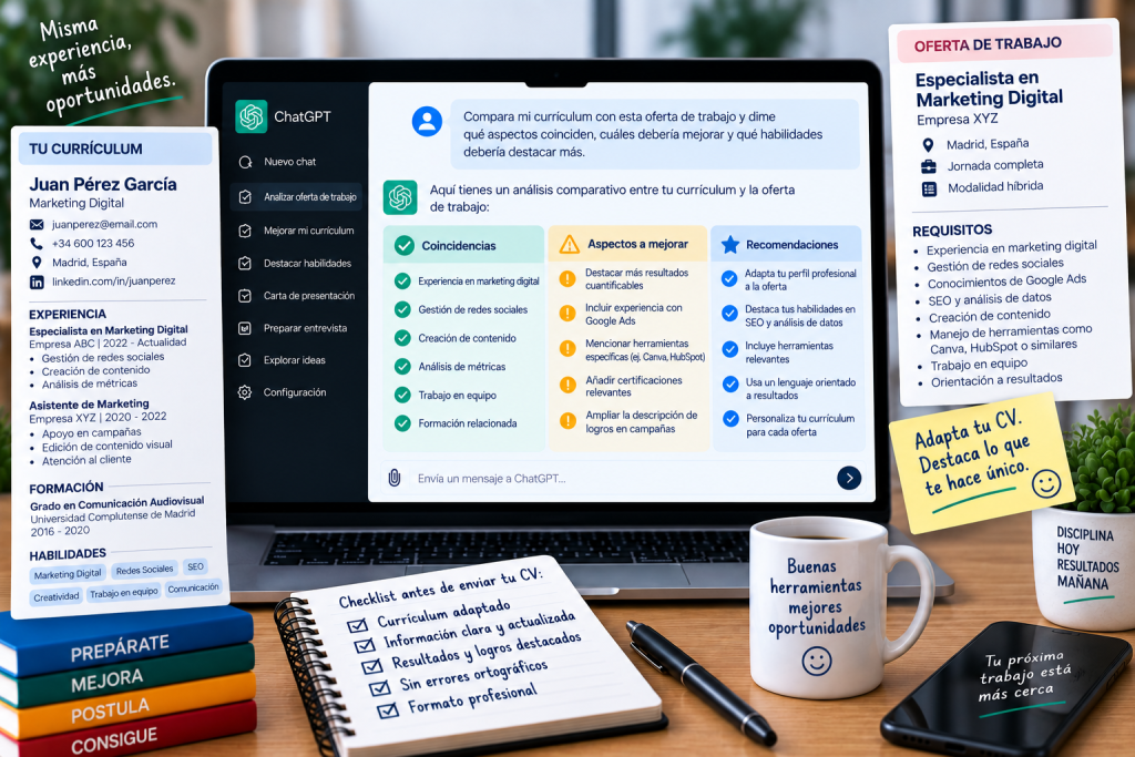 Ejemplo de ChatGPT adaptando un currículum a una oferta de trabajo