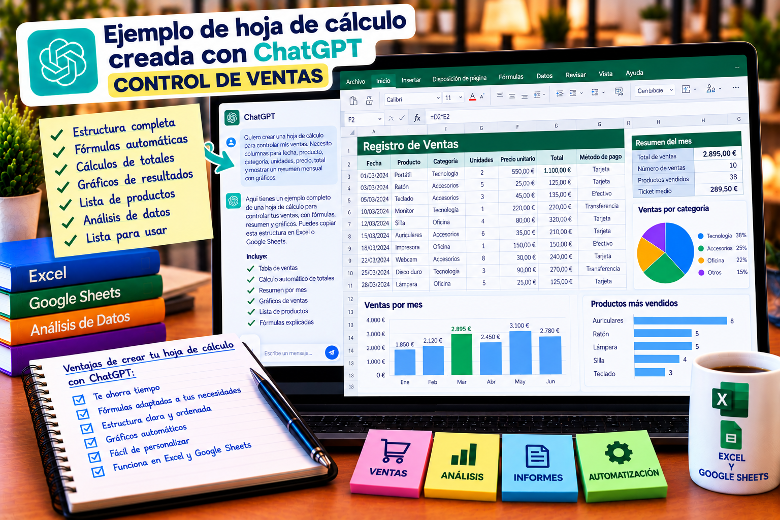 Ejemplo de hoja de cálculo con fórmulas generadas con ChatGPT